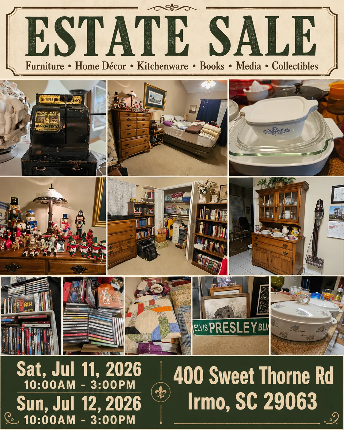Irmo Estate Sale – Furniture, Quilts, Jewelry, Tools, Collectible Glassware & More!